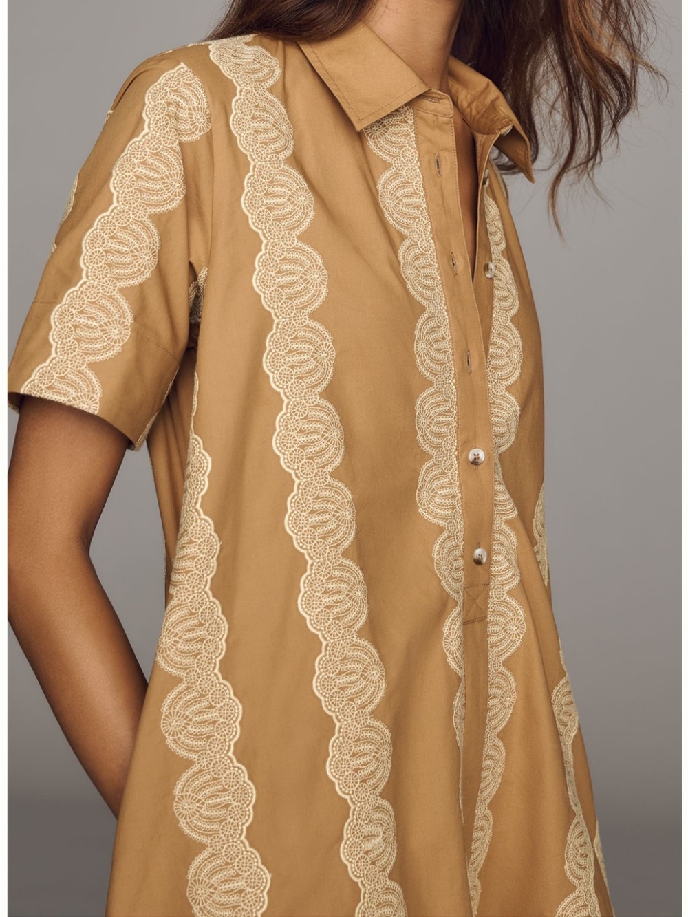 Maeve Pollie Tan Shirt Dress with Cream Lace Stripes